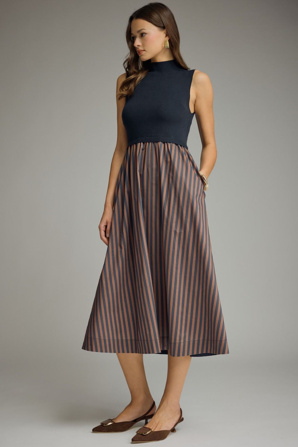 Ella Navy and Brown Striped Dress
