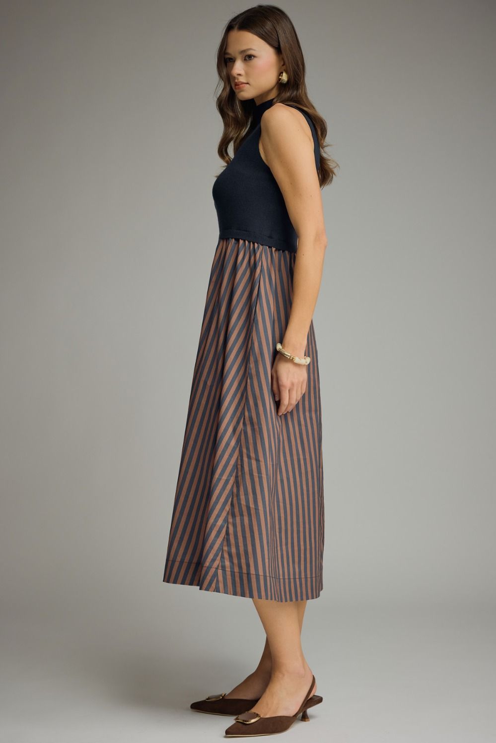 Ella Navy and Brown Striped Dress