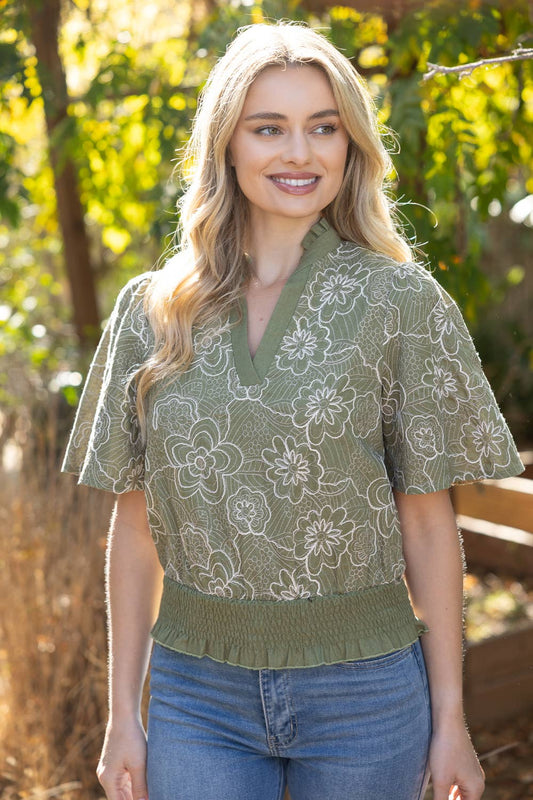Smocked Green Floral