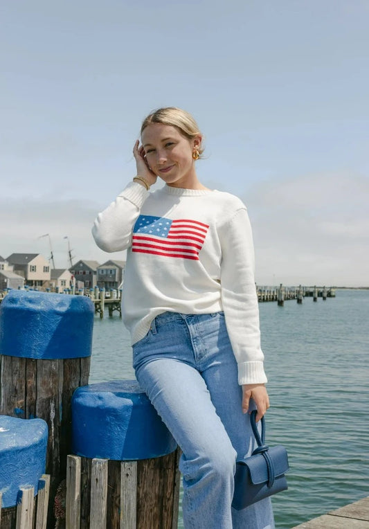 American Flag Crewneck Sweater-Ivory