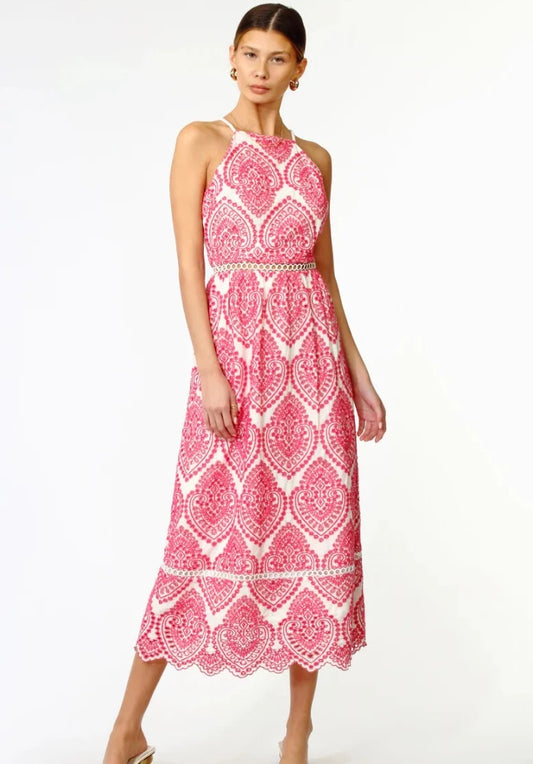 Amelia Halter Cotton Embroidered Midi Dress