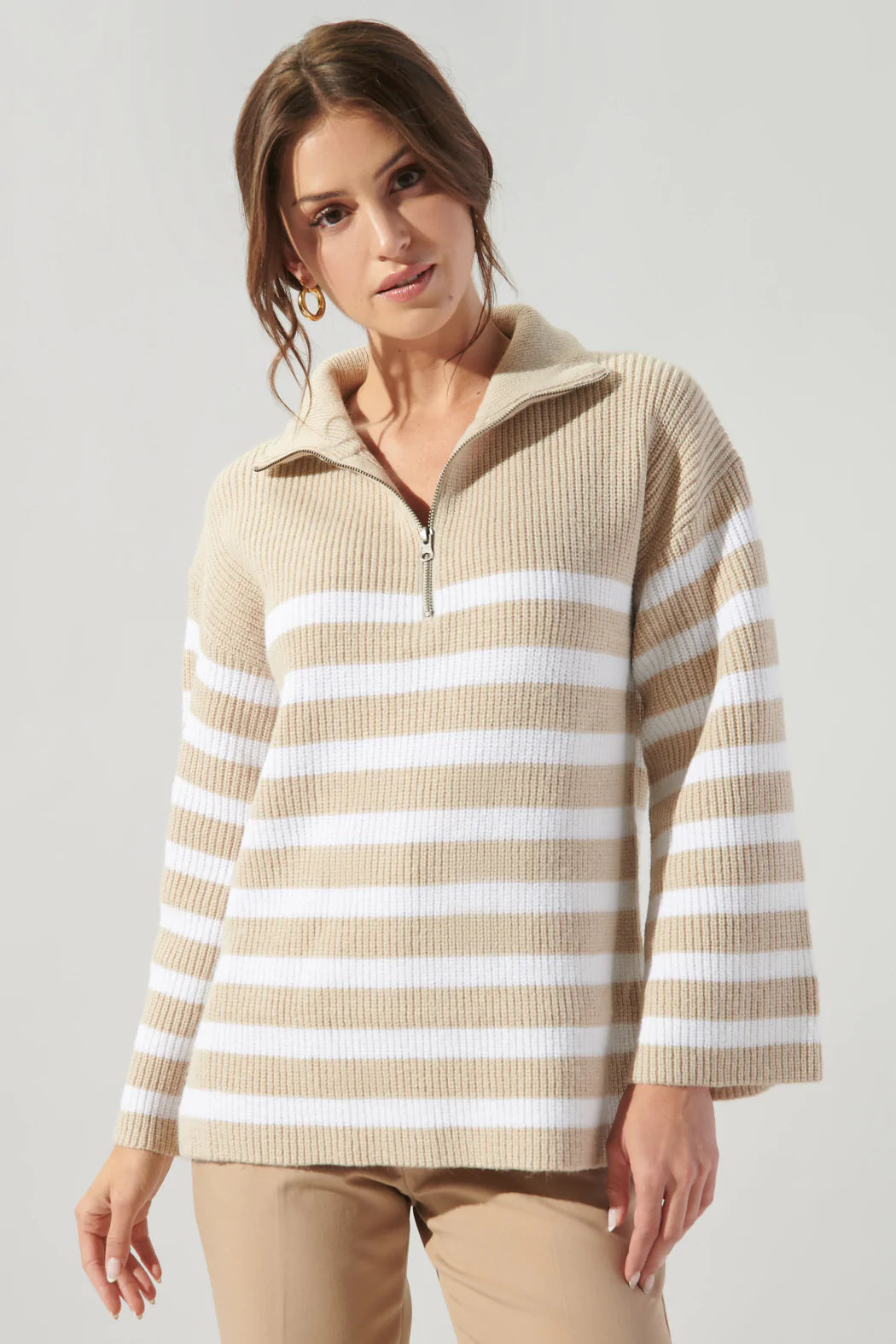 Oatmeal/White Coastal Striped Half Zip Sweater