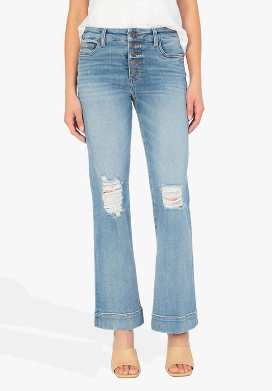 kut ana high rise jeans with flare bottom button fly modern wash front shop margos and co