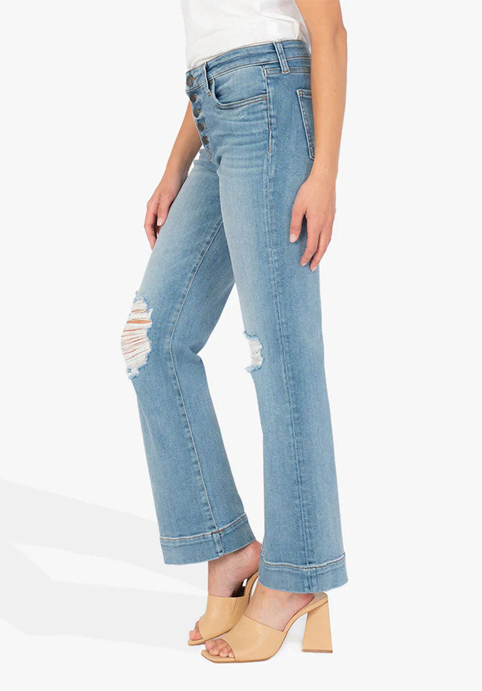 kut ana high rise jeans with flare bottom button fly modern wash side shop margos and co